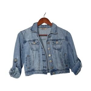 Womens Light Wash Denim Jacket Cropped Roll Tab Sleeves Distressed Y2K